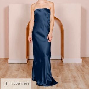 Revelry Leo Satin Bridesmaid Dress in Navy Blue